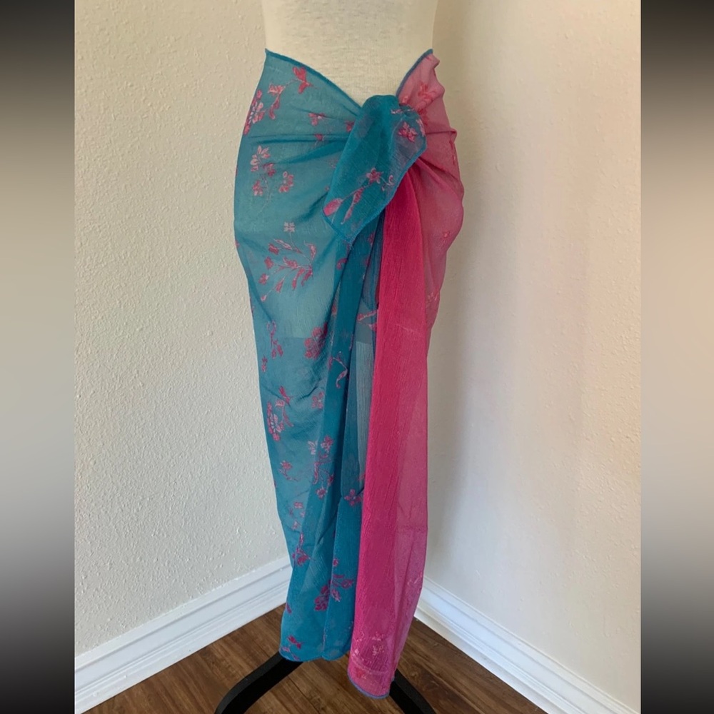 NWOT Sheer Sarong Swimsuit Coverup Wrap Pink Blue Colorblock Floral Pattern